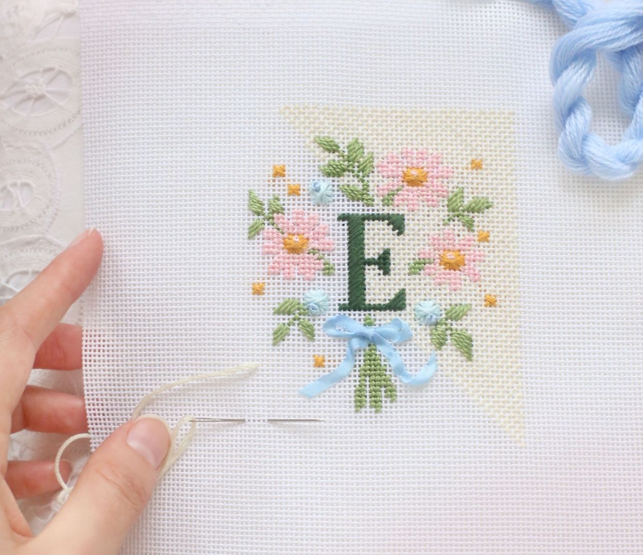 Wildflower Field - Three Charted Monograms E-Pattern with the letter E.