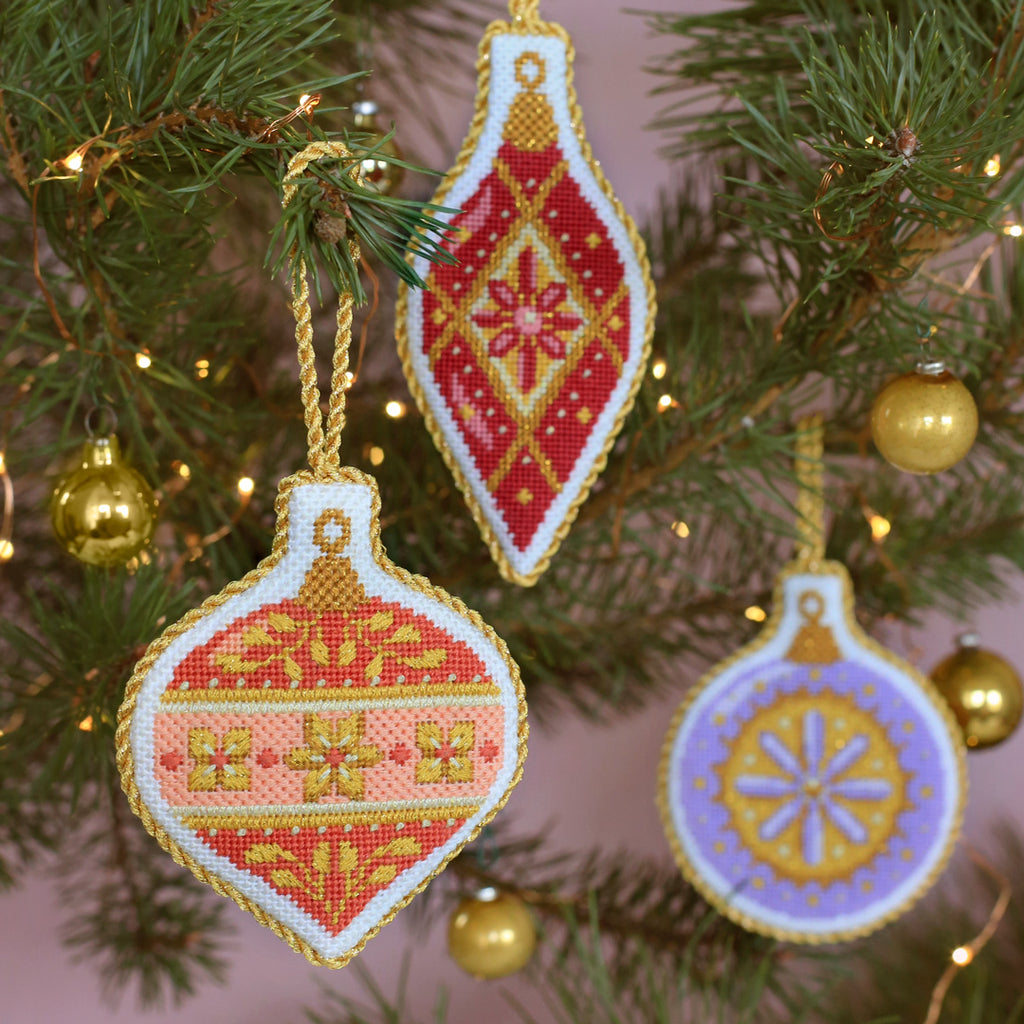 Christmas Ornaments Set of 5 Handmade Cross Stitch Patchwork Aqua Salm –  Antiques And Teacups
