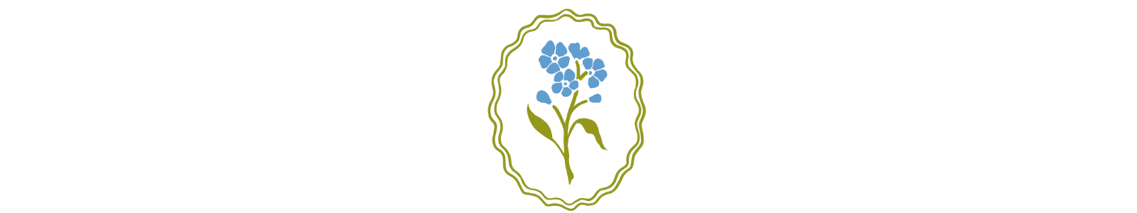 Illustrated blue forget-me-nots with green scalloped border.