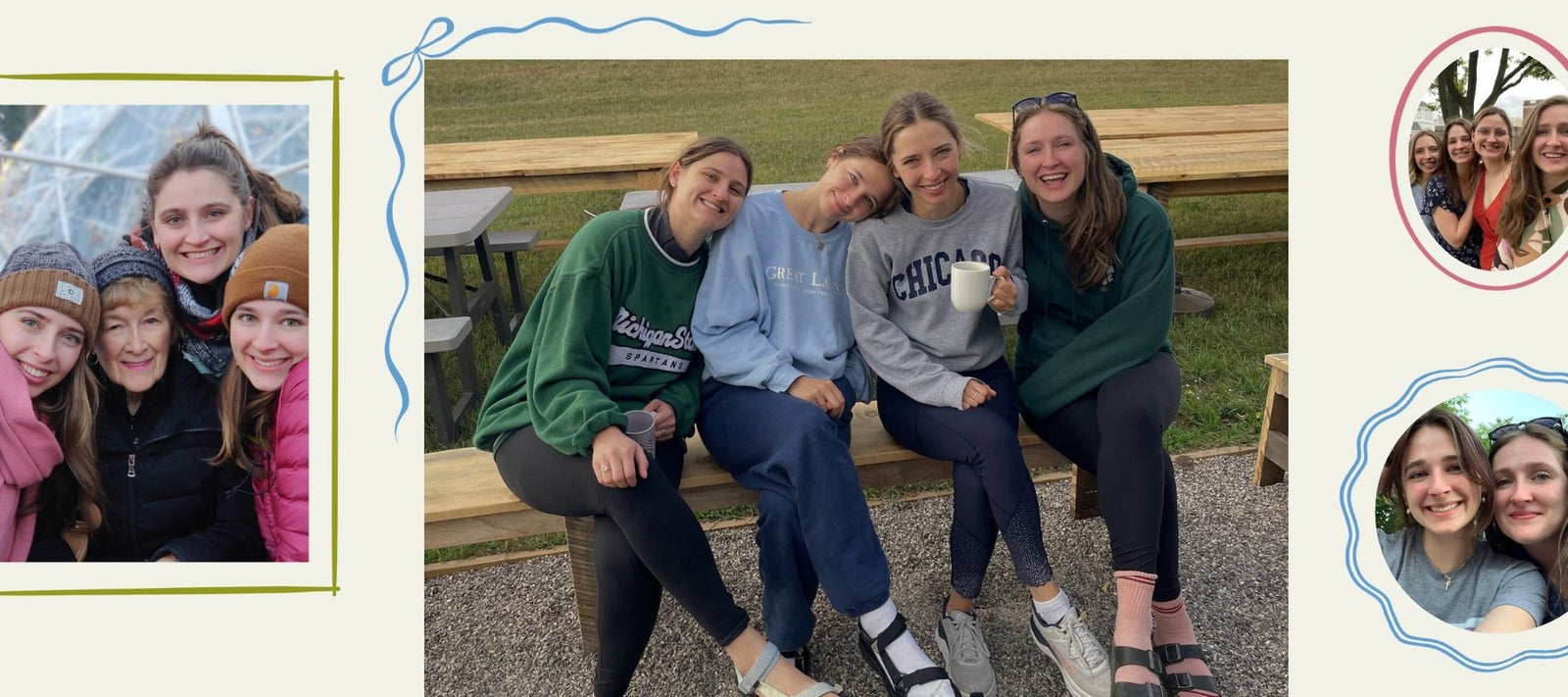 A scrapbook of photos shows sisters and family smiling together.